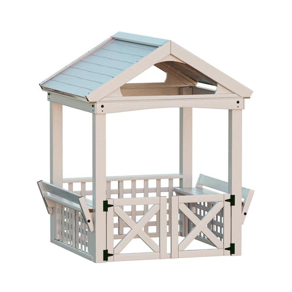 White Wood Outdoor Playhouse, Backyard Playhouse with Bench and Door for Kids