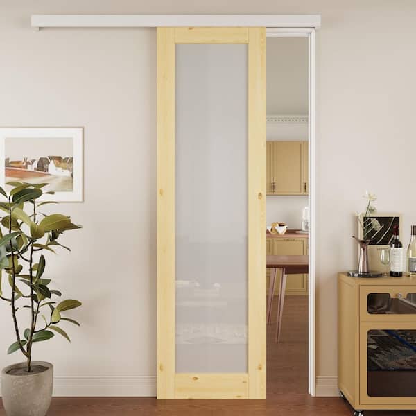 ARK DESIGN 28 in. x 96 in. Hidden Track Style 1-Lite Frosted Glass Unfinished Glass Sliding Barn Door with Hardware Kit