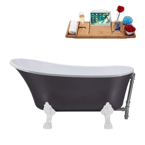 Streamline 55 in. Acrylic Clawfoot Non-Whirlpool Bathtub in Matte Grey With Glossy White Clawfeet And Brushed Gun Metal Drain