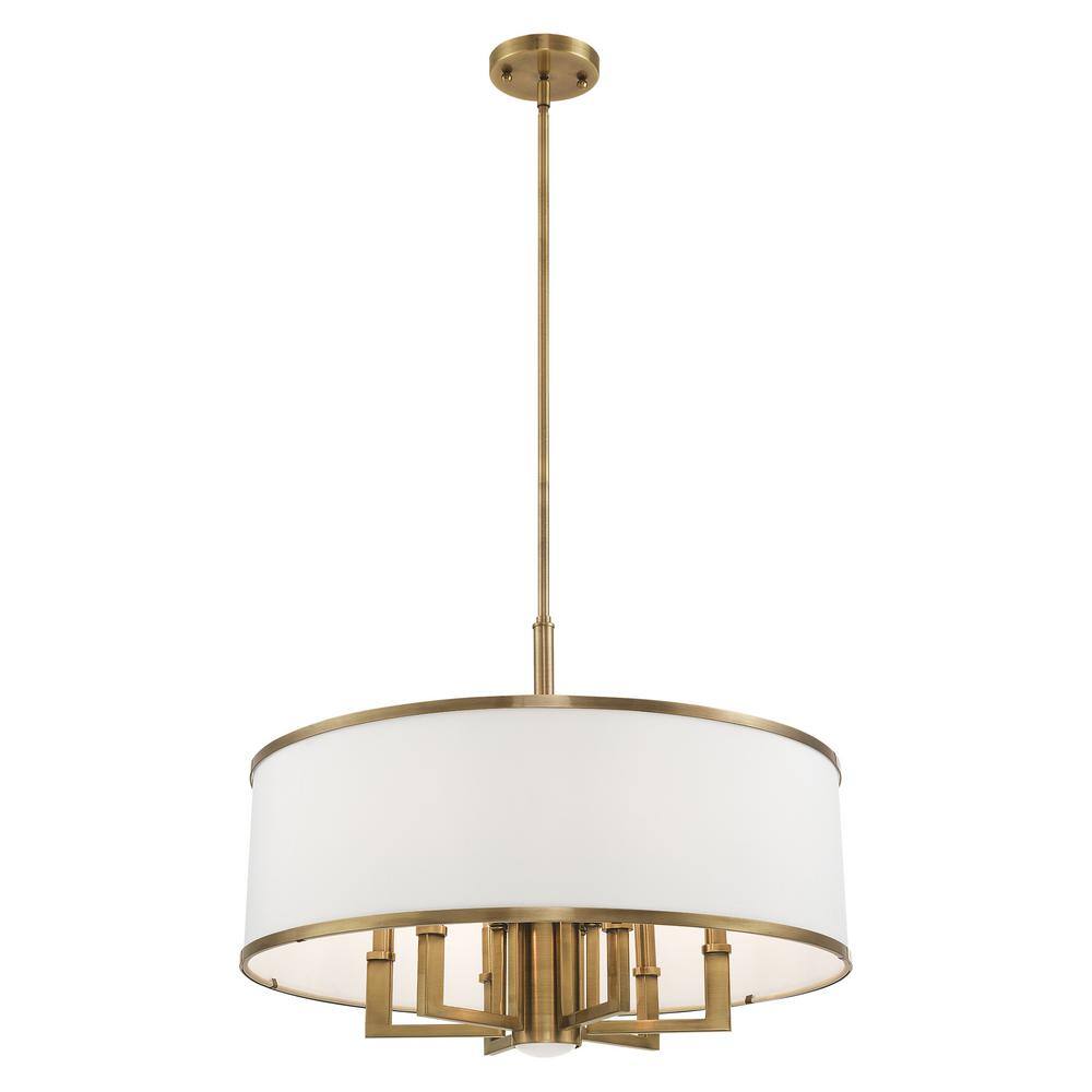 Antique Brass 6-Light Drum Pendant with Off-White Shade