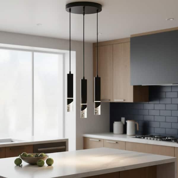 3-Light Black Cluster Integrated LED Mini Pendant Light, Metal and Glass Ceiling Lighting for Kitchen Island and Bedroom