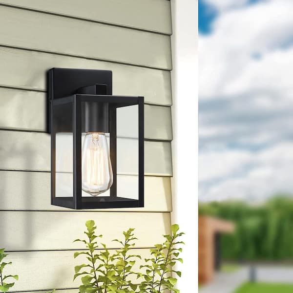 10 in. Black Outdoor Hardwired Wall Lantern Scone with Clear Glass Shade and No Bulbs Included (2-Pack)