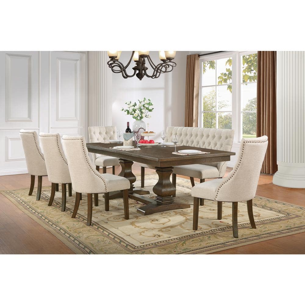7-Piece Walnut Wood Dining Set with Beige Linen Chairs and Bench