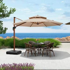 11 ft. Octagon High-Quality Wood Pattern Aluminum Cantilever Polyester Patio Umbrella with Base, Beige