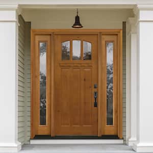 60 in. x 80 in. Craftsman 3 Lite Arch Stained Knotty Alder Wood Prehung Front Door with Sidelites