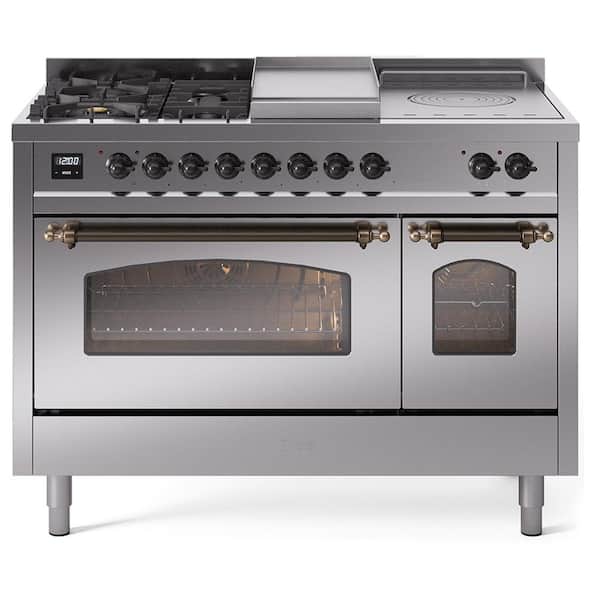 Nostalgie II 48 in. 5 Burner plus Frenchtop plus Griddle Liquid Propane Dual Fuel Range in Stainless Steel with Bronze