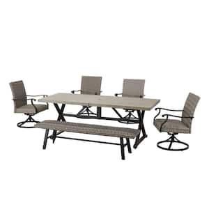 6-Piece Metal Outdoor Dining Set with Rectangle Table, Wicker Bench and 4 Swivel Chairs