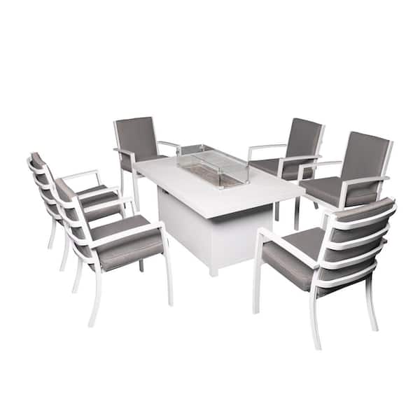PATIOPTION Patio Dining Set, 7-Piece Aluminum Outdoor Dining Set with Gray Cushion and White Fire Pit Table - 6 Armchair