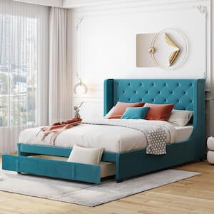 65 in.W Blue Queen Size Bed Frame with Storage Drawers, Velvet Upholstered Platform Bed with Wingback Headboard