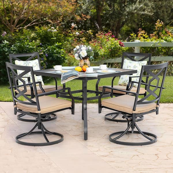 Black 5-Piece Metal Square Outdoor Dining Set with Beige Cushion Patio Furniture Set with Swivel Chair