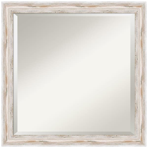 Amanti Art Alexandria White Wash Narrow 23 in. x 23 in. Beveled Square Wood Framed Bathroom Wall Mirror in White