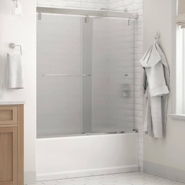 Delta Simplicity Mod 50-1/8 to 58-1/2 in. W x 59- H Soft-Close Frameless Sliding Tub Door, Chrome, Rain Glass