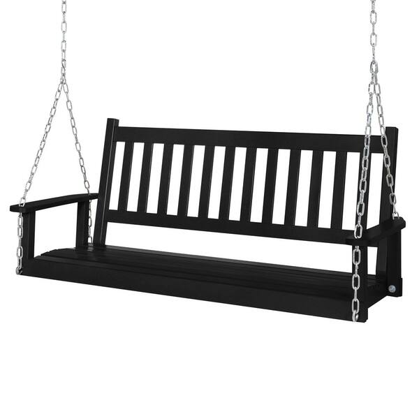 VEIKOUS 5 ft. Black Outdoor Wooden Patio Porch Swing with Chains and Curved Bench