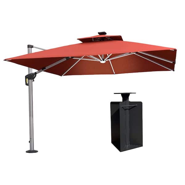 PURPLE LEAF 10 ft. Square Aluminum Solar Powered LED Patio Cantilever Offset Umbrella with Base in Ground, Brick Red