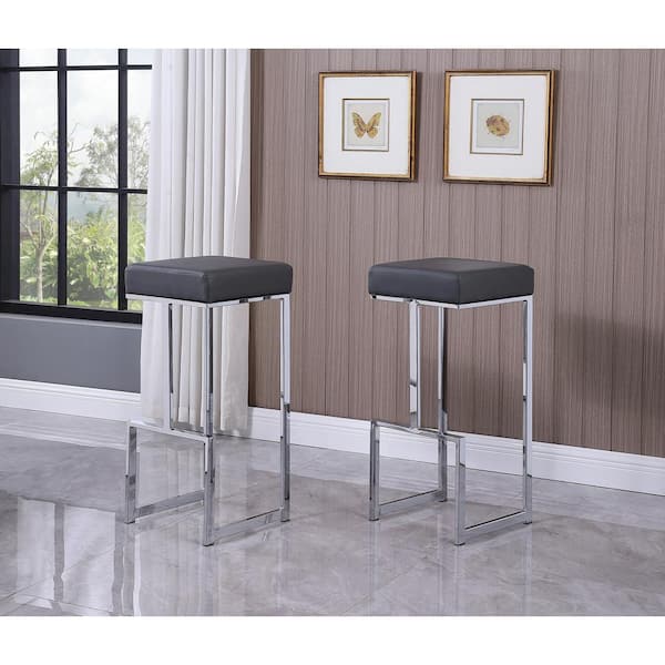 Best Master Furniture Jupiter Lane 31 in. H Gray/Faux Leather Bar Stools (Set of 2) with Silver Base