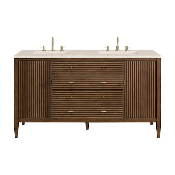 James Martin Vanities Myrrin 60.0 in. W x 23.5 in. D x 34.06 in. H Double Bathroom Vanity in Mid-Century Walnut with Eternal Marfil Quartz Top