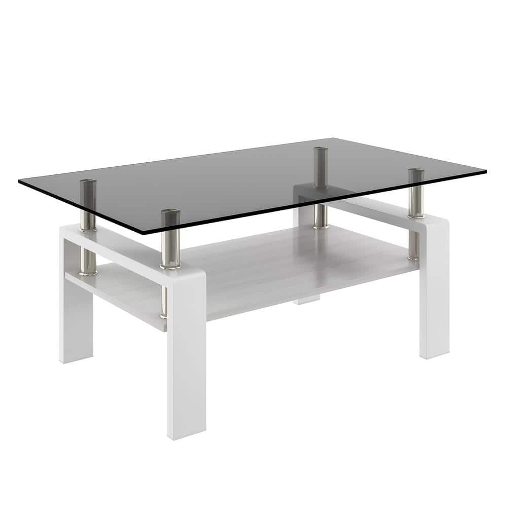 White 39 in. Rectangle Coffee Table Gray Tempered Glass Tabletop with MDF L