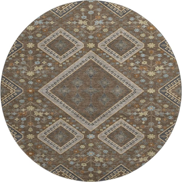 Mayfield Premium Machine Washable Abstract AMF2459 Chocolate 8 ft. x 8 ft. Round Rug