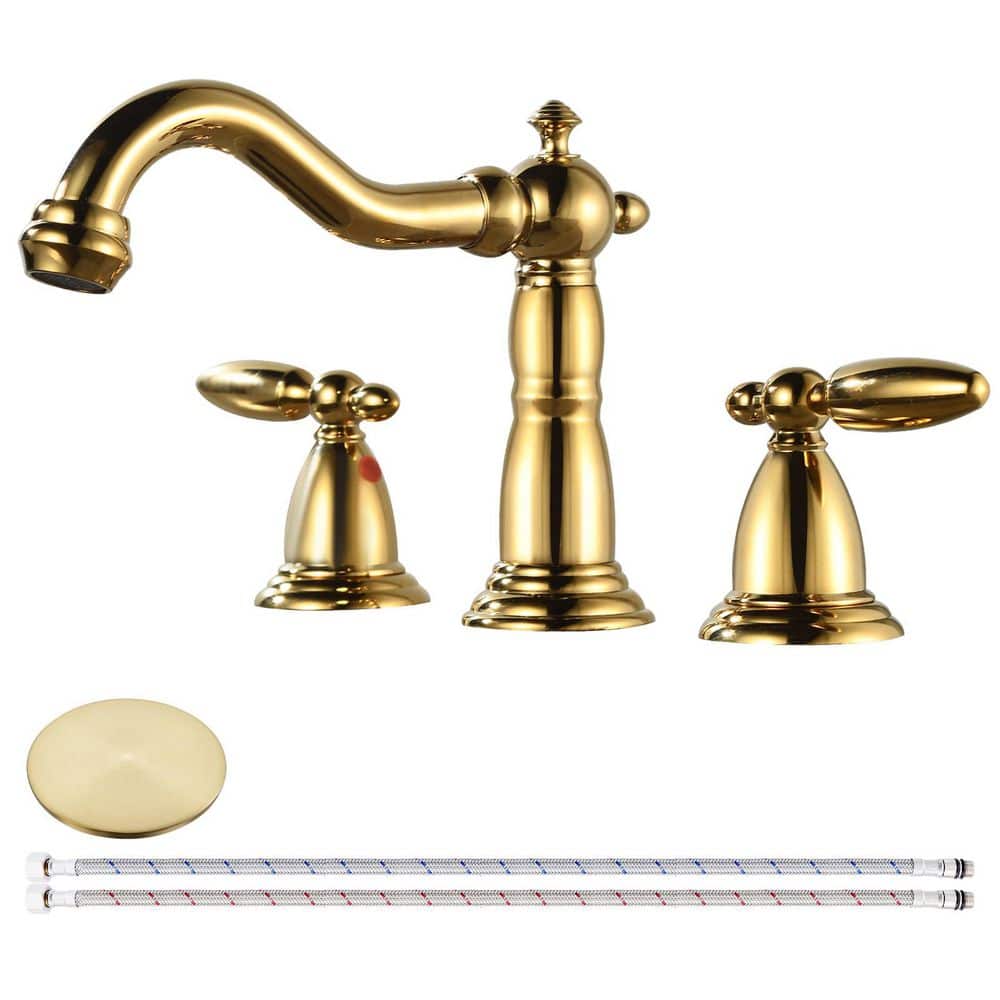 2 Handles 8 in. Widespread Bathroom Faucet 3-Hole Bathroom Sink Faucet With Pop-up Drain in Polished Gold price history on PriceWatchPro