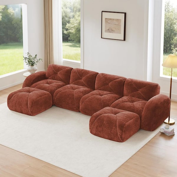 140.9 in. U-Shaped Velvet Modular Sectional Sofa in Red Brown Boneless Sofa Set with 2-Ottomans, No Assembly Required