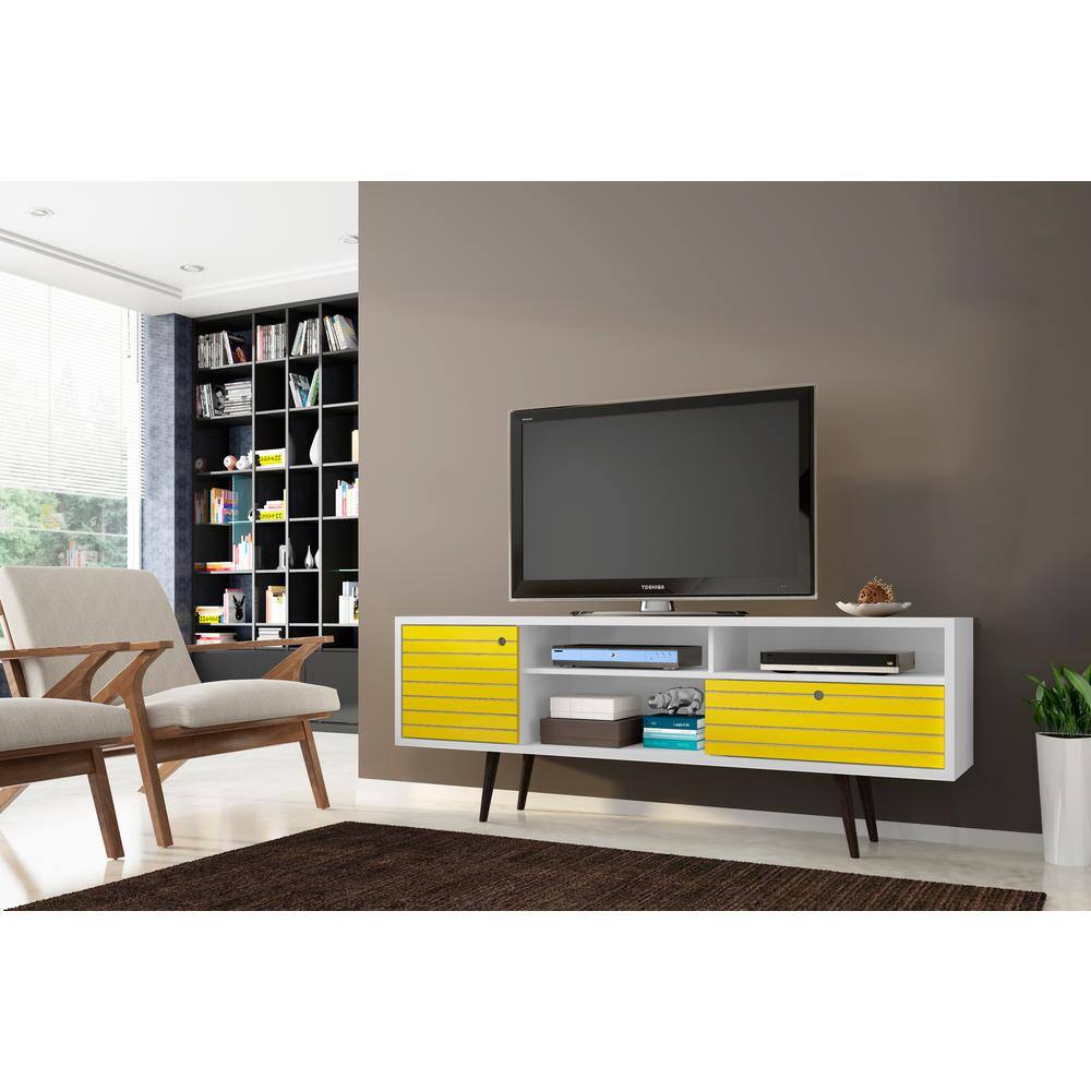 White and Yellow Mid-Century Modern TV Stand with Cabinet