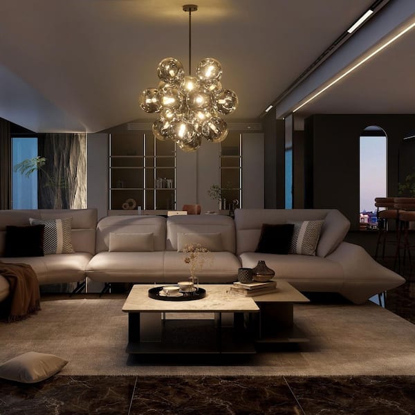 Modern Sputnik 25-Light Silver Bubble Cluster Chandelier with Smoky Gray Hammered Glass Shades