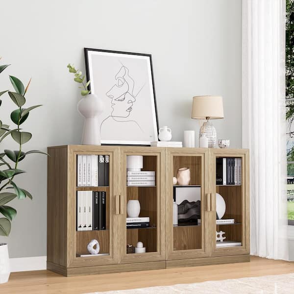 Lirago Solid Wood Natural 36 in. H Storage Cabinet with Adjustable Shelves Glass Door