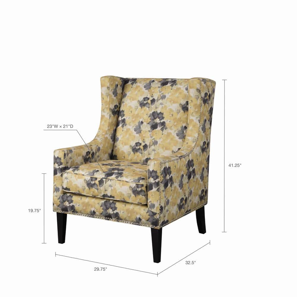 Yellow Floral Wingback Accent Chair with Birch Legs