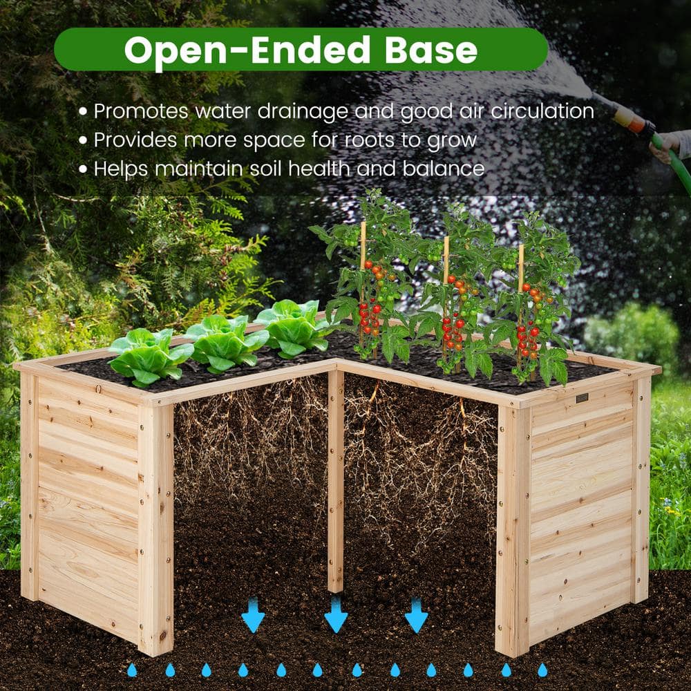 Natural Fir Wood L-Shaped Raised Garden Bed for Patio