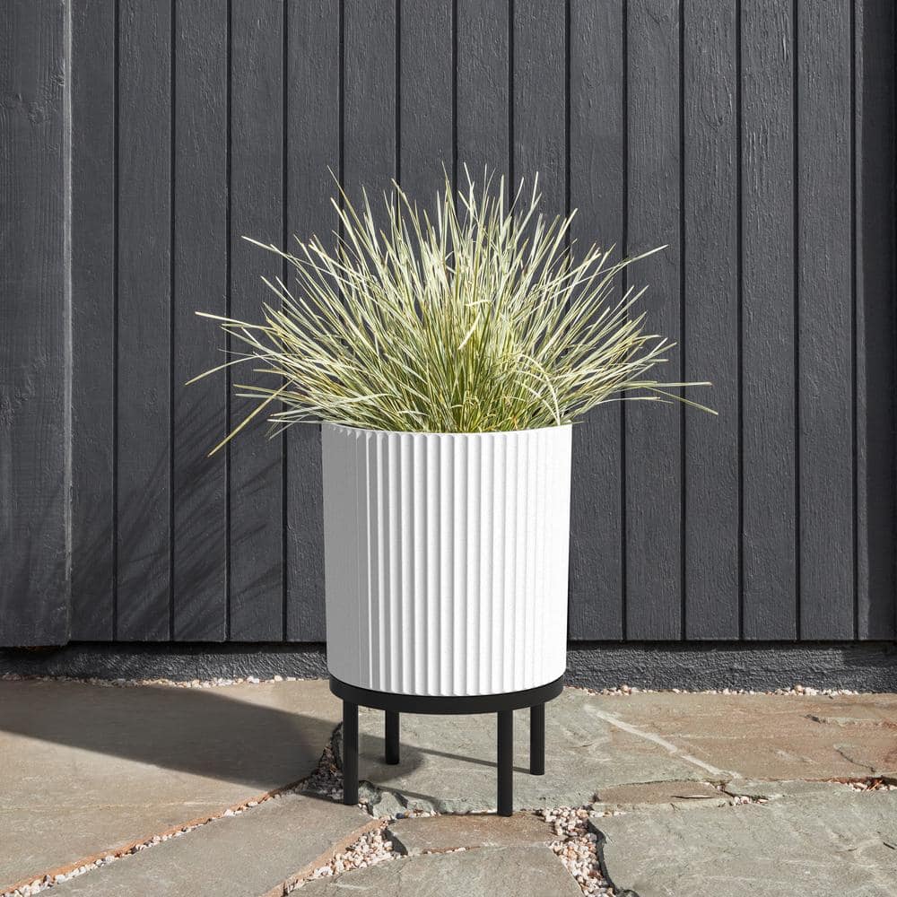 White and Black Concrete-Composite Planter with Acacia Stand, 16" - Set of 2