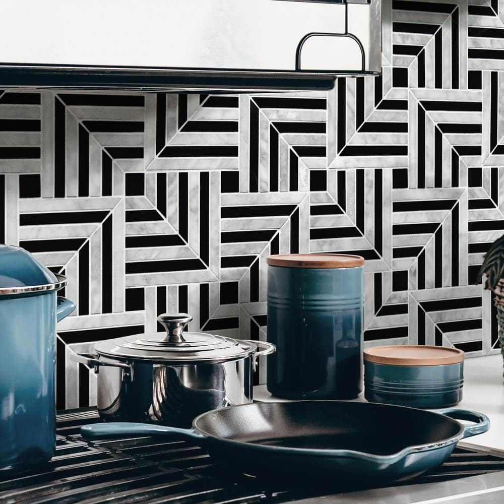 11.81" x 11.81" Black and White Marble Mosaic Tile