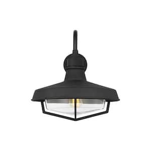 Hollis 16.5 in. W x 17.5 in. H 1-Light Textured Black Outdoor Hardwired Large Wall Lantern Sconce with Clear Glass Shade