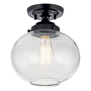 Avery 9.75 in. 1-Light Black Hallway Vintage Industrial Semi-Flush Mount Ceiling Light with Clear Seeded Glass