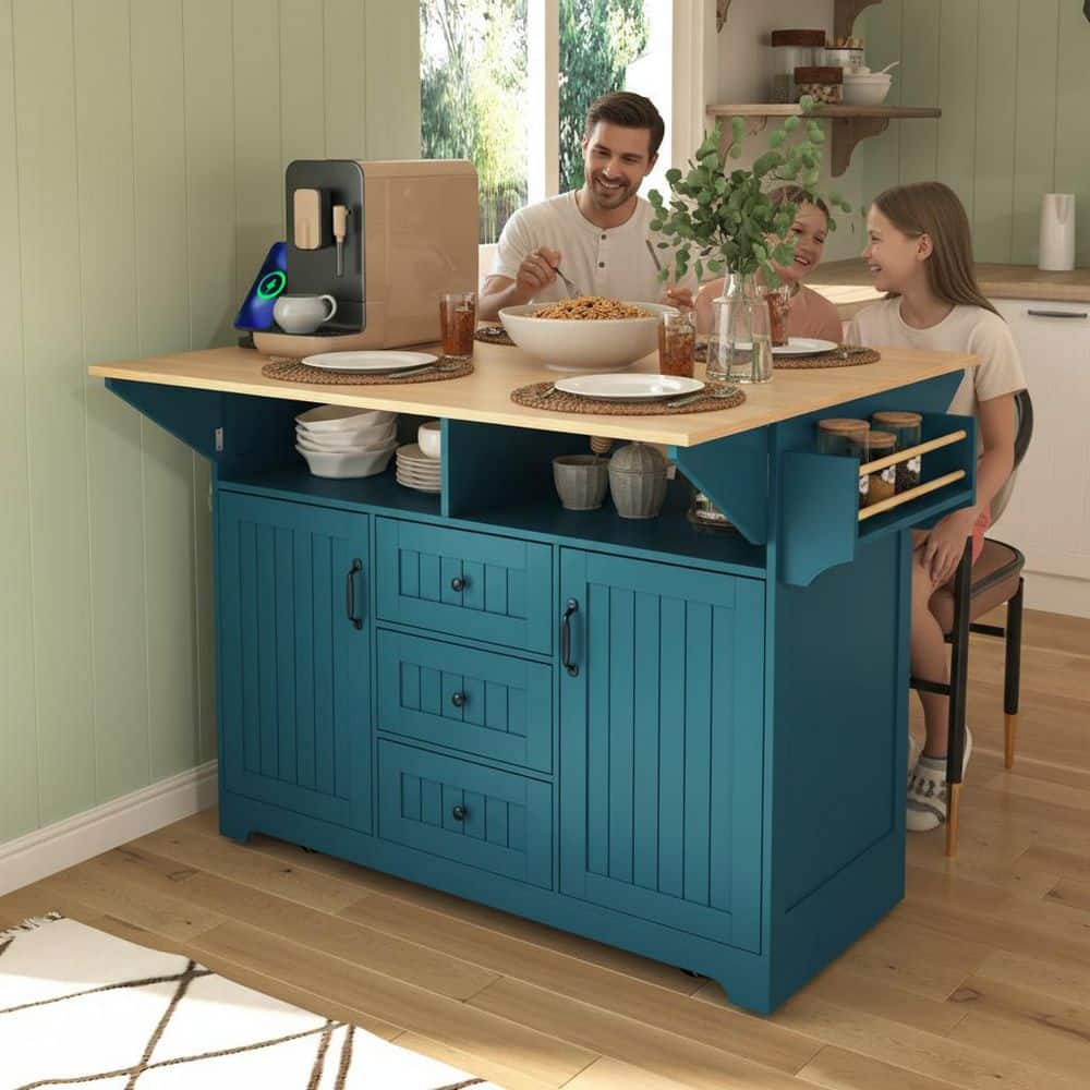Farmhouse Green Wood 55.75 in. Power Outlet Large Rolling Kitchen Island Cart Folding Storage Table with 2 Drop Leaves