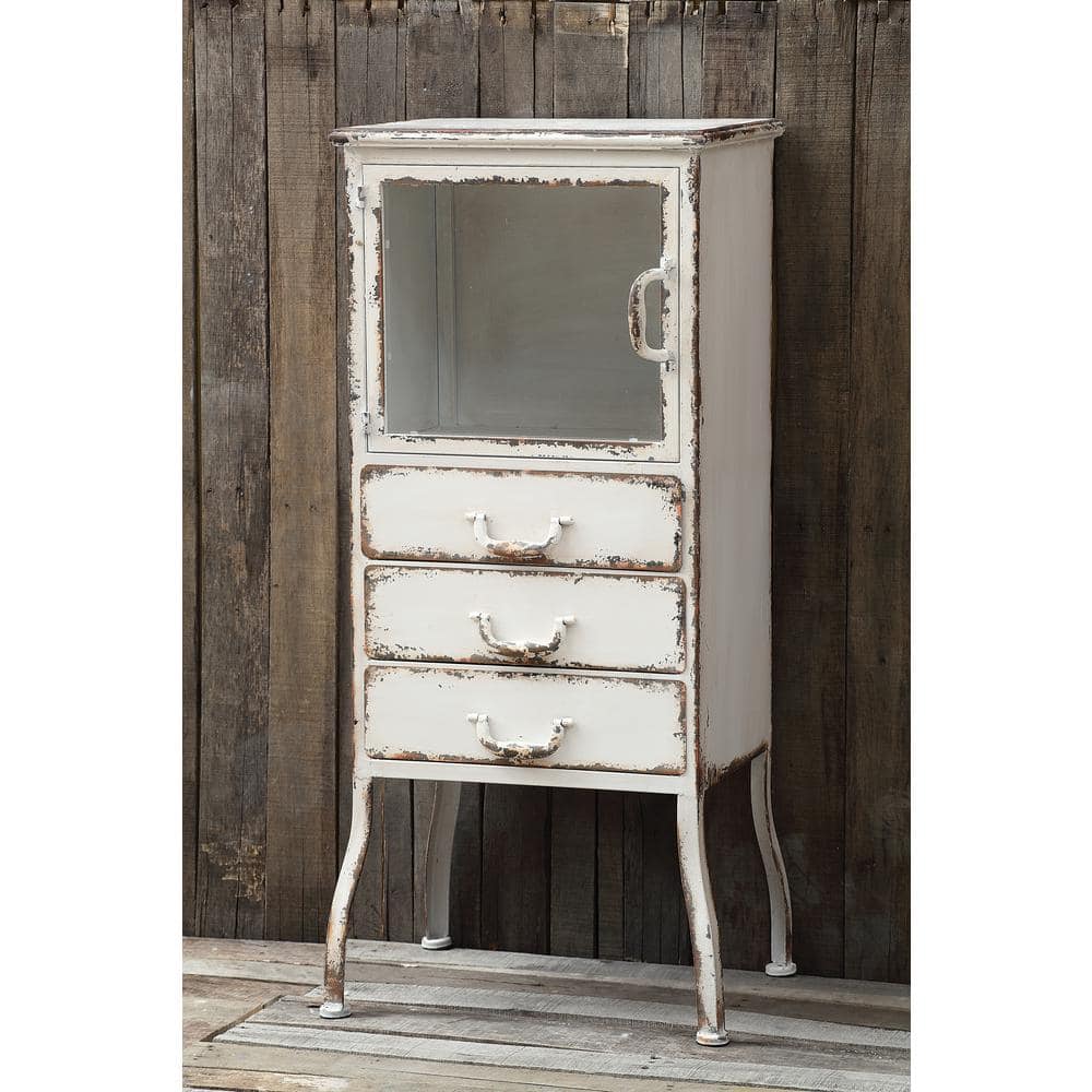 Distressed White Metal Cabinet with 3 Drawers and Open Shelf