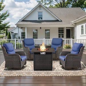 5-Piece Brown Wicker Outdoor Square Fire Pit Conversation Set with Blue Cushions and Swivel Rocker Patio Chairs