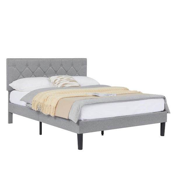 VECELO Upholstered Bed, Platform Bed with Adjustable Headboard, Wood Slat Support, No Box Spring Needed, Gray Full Bed Frame