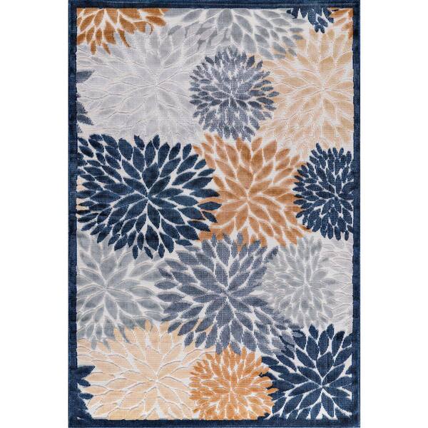 CAMILSON Blossom Indoor Outdoor Rug Floral Exotic Tropical Non-Shedding Rug Navy Blue 7'10 x 10