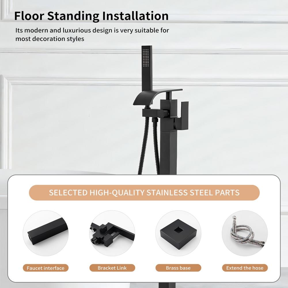 Matte Black Brass Floor-Mounted Freestanding Tub Filler