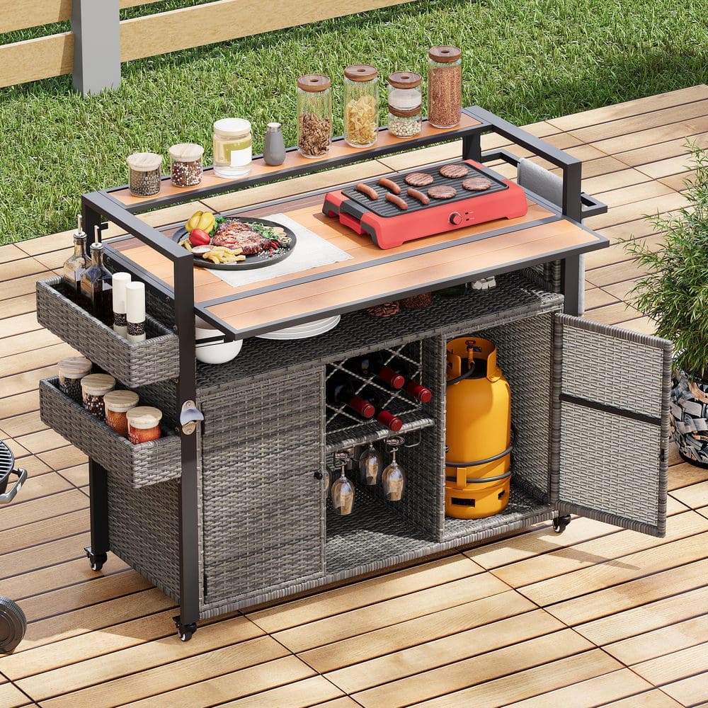 Grey Wicker 52.8 in. W Rolling Kitchen Island with Storage Cabinet, Extende