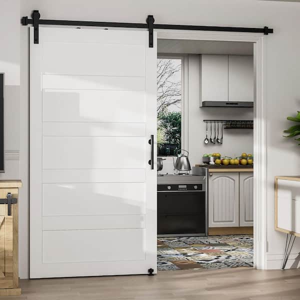 36 in. x 84 in. White 5-Panel Latticework MDF Sliding Barn Door Slab with Hardware Kit