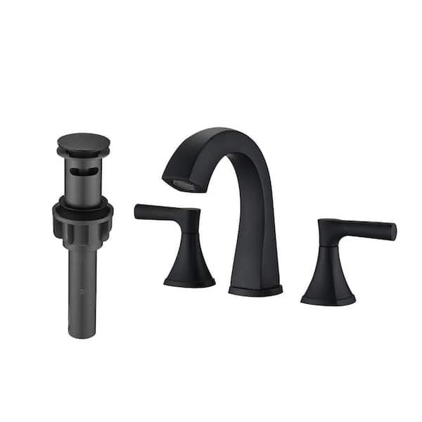 Lukvuzo Vanity 8 in. Widespread Double Handle Mid Arc Bathroom Faucet with Drain Kit Included in Matte Black (1-Pack)
