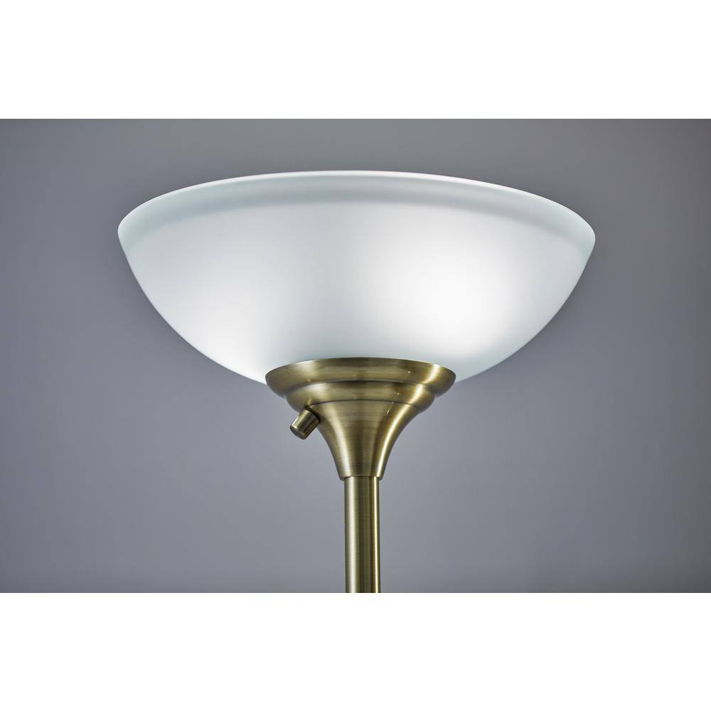71" Black and Antique Brass Torchiere Floor Lamp with Frosted Glass Shade