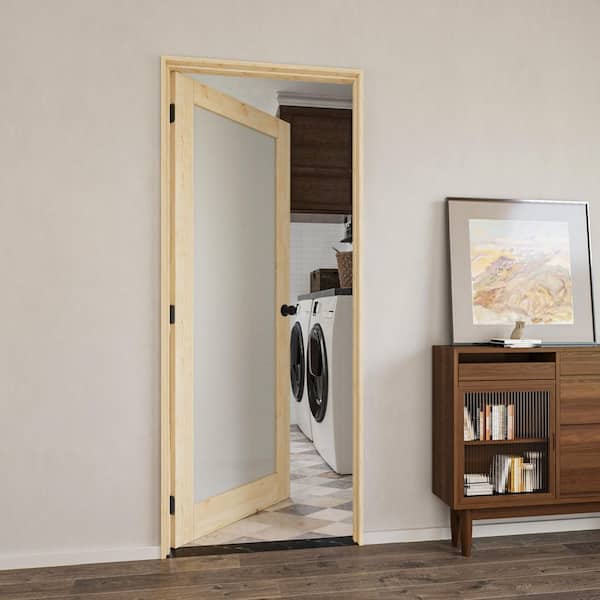 36 in. x 80 in. 1-Lite Frosted Glass Left Handed Unfinished Pine Single Interior Door with Quick Assemble Jamb