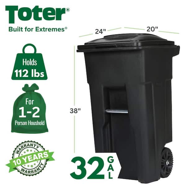 32 Gallon Black Rolling Outdoor Garbage/Trash Can with Wheels and Attached Lid
