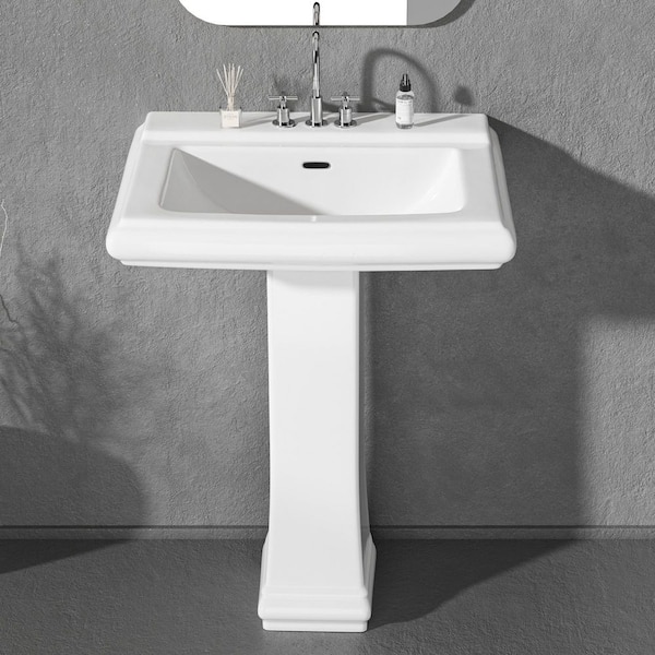 WetBase 26 in. W Rectangular Pedestal Sink in White Ceramic