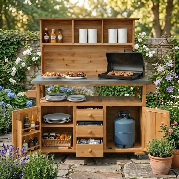 Natural Wood 65 in. H 3-in-1 Garden Potting Bench Kitchen Island