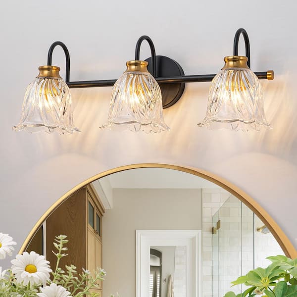 Clarion 23.23 in. 3-Light Black and Brass Vintage Bathroom Vanity Light with Clear Floral Glass Wall Sconce over Mirror