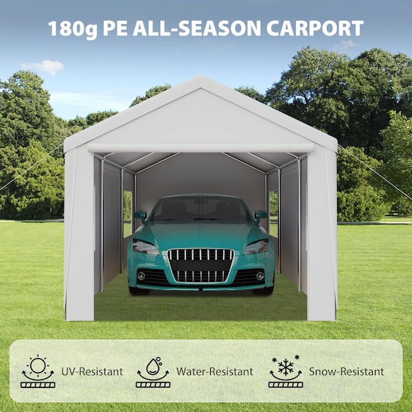 LATTOY 13 ft. D x 20 ft. W Outdoor Carport, White PE Portable Car