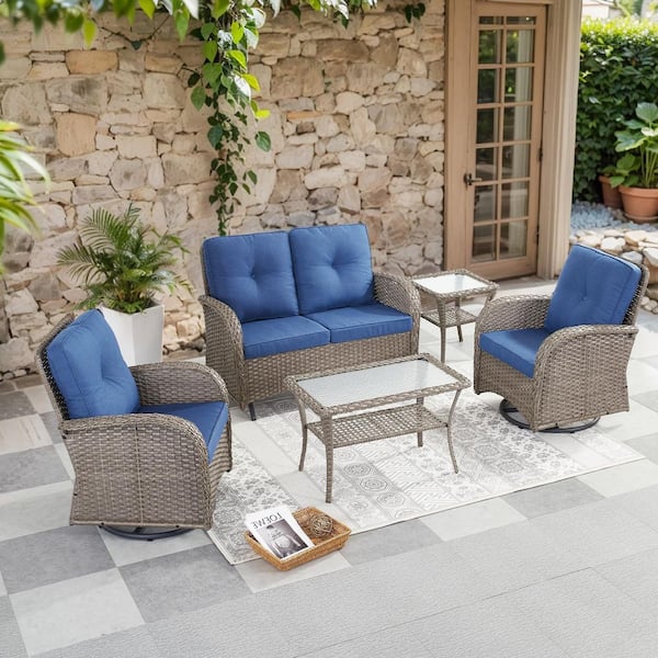 SleekArm 5-Piece Gray Wicker Patio Conversation Set with Olefin Blue Cushion/Glider Loveseat with Patio Swivel Chairs